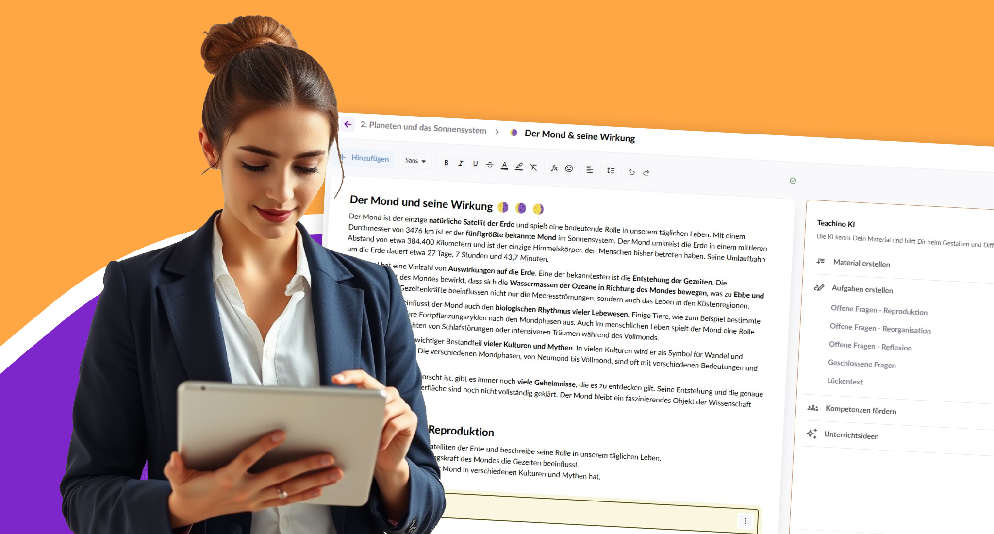 Lehrkraft, die gerade auf ihrem Tablet Unterrichtsinhalte differenziert