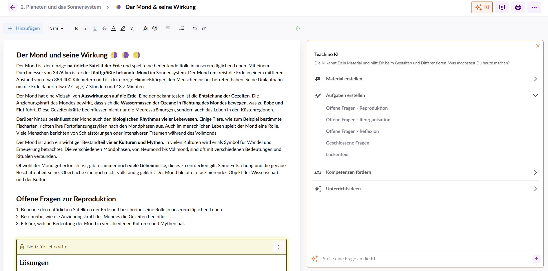 Beispiel der Differenzierung mit Teachino: Offene Fragen auf verschiedenen Niveaus