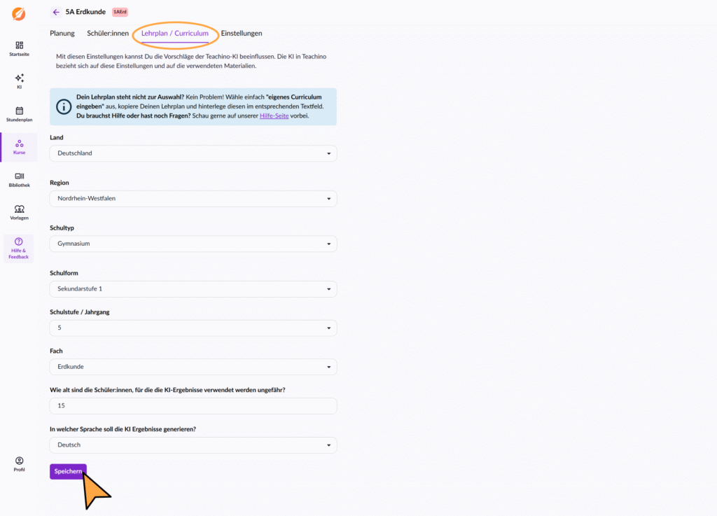 Lehrplan hinterlegen