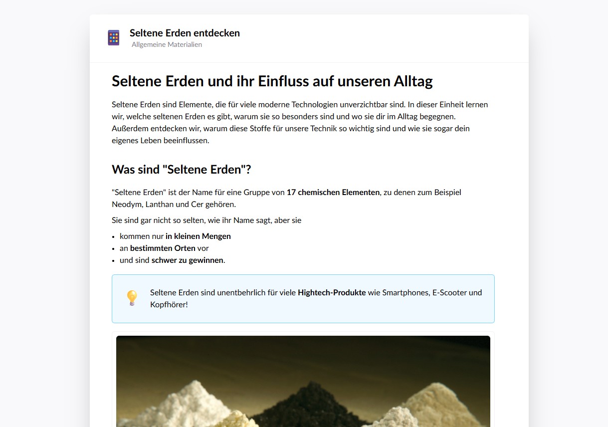 Ein Unterrichtsmaterial zum Thema Seltene Erden, das mit der Teachino KI generiert wurde.